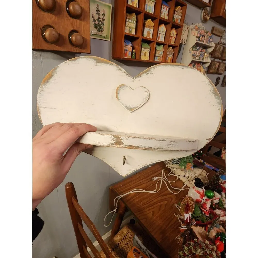 Vintage White Washed Rustic Wood‎ Heart Shelf With Key Hook. 14